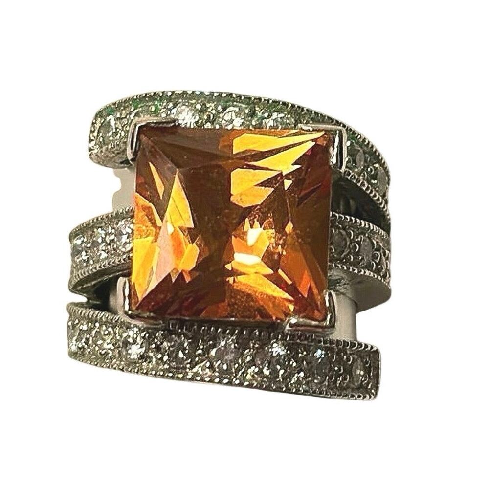 Vintage 925 Sterling Silver Thailand Cocktail Ring Orange Princess Cut CZ 6.5